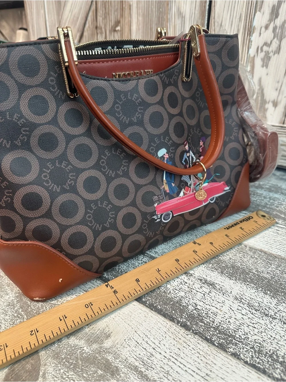 Nicole Lee USA Brown Satchel Handbag Purse Retro Convertible Print NWT Tags